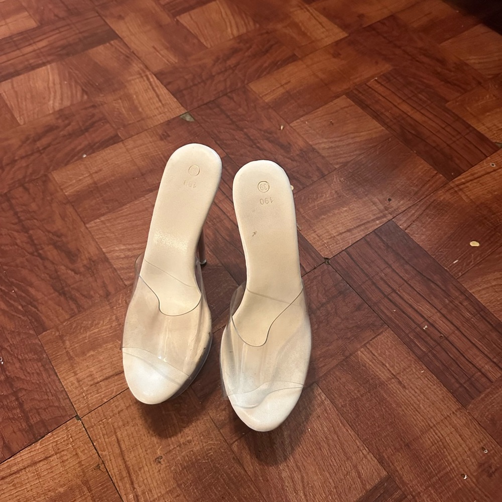 Clear Strap Beige Slide Heels for Women